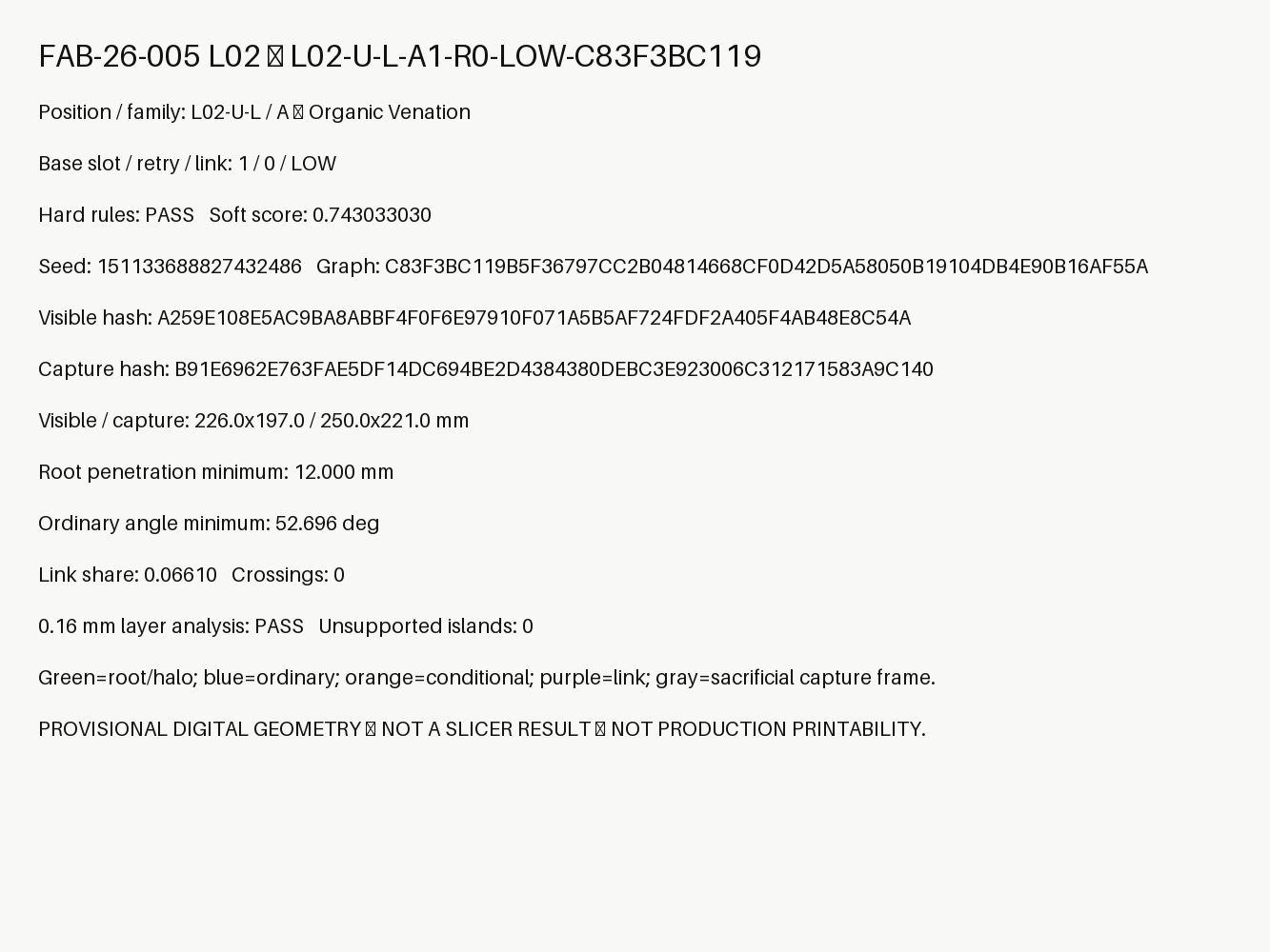 Engineering metric card listing a lattice candidate identifier, family, deterministic seed, dimensions, minimum root penetration, angle, score, and digital layer-analysis result.