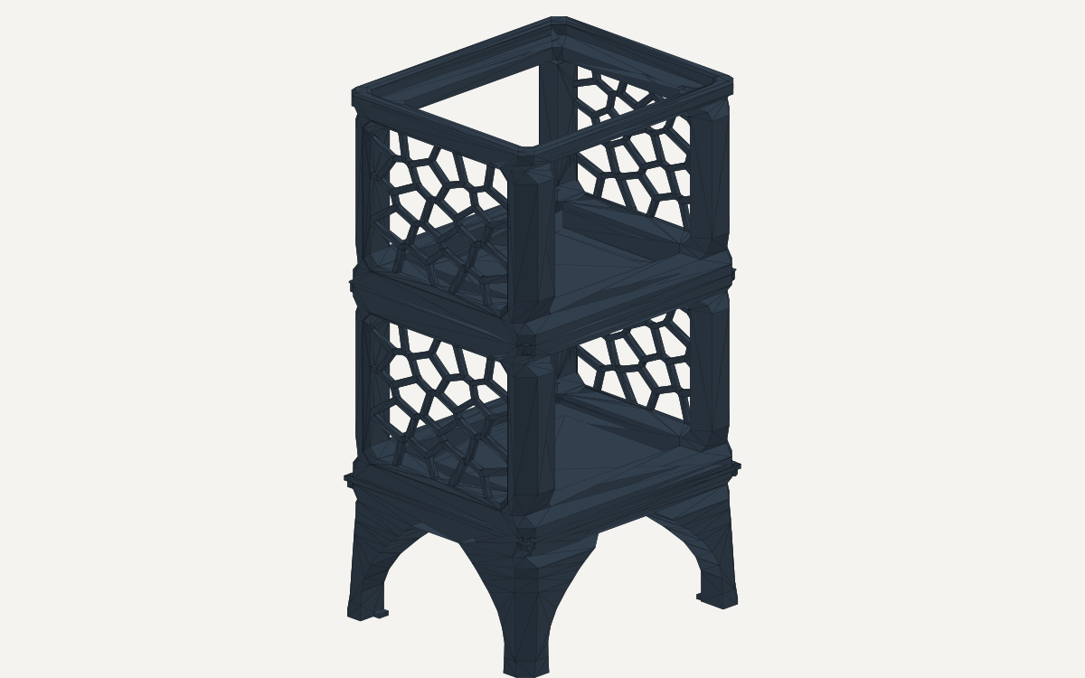 Isometric CAD render of a dark three-level modular tower with arched legs and open lattice side panels.