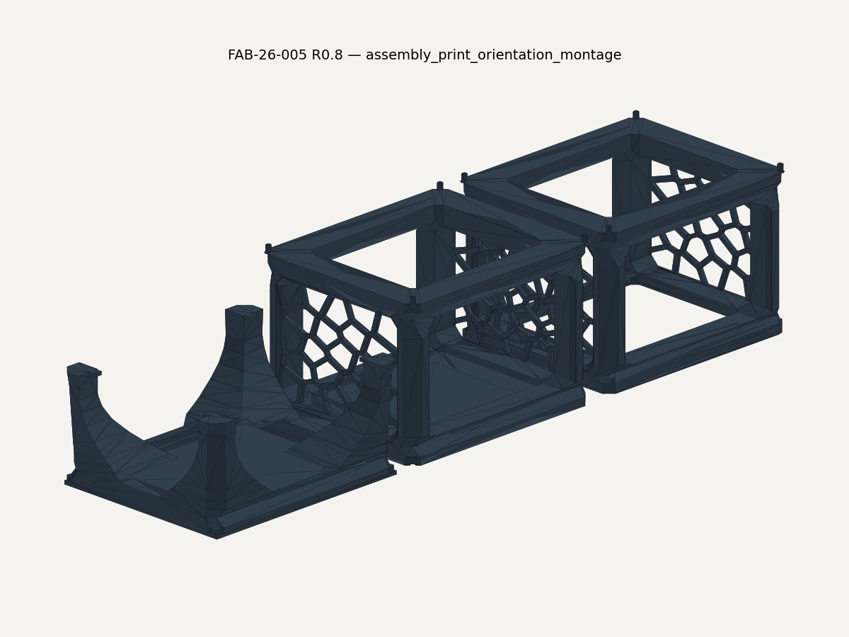 CAD montage showing three tower modules separated and rotated into proposed build orientations on a neutral background.