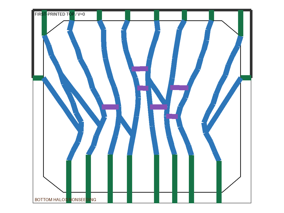 Color-coded lattice validation diagram with green roots, blue branching members, purple links, and a thin gray sacrificial frame.