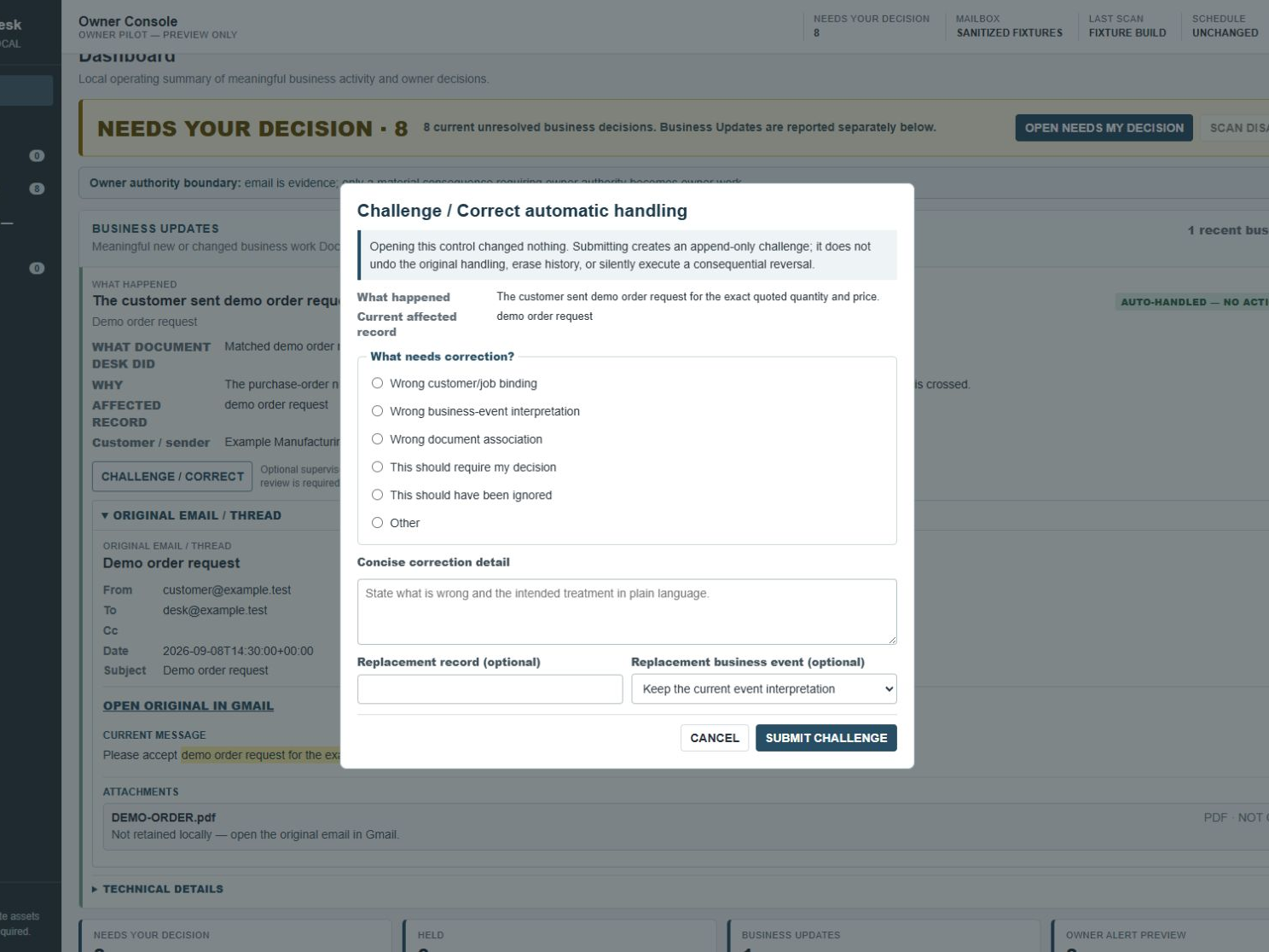 Document Desk challenge dialog offering correction categories, a concise detail field, optional replacement record and event fields, and a notice that submission is append-only.
