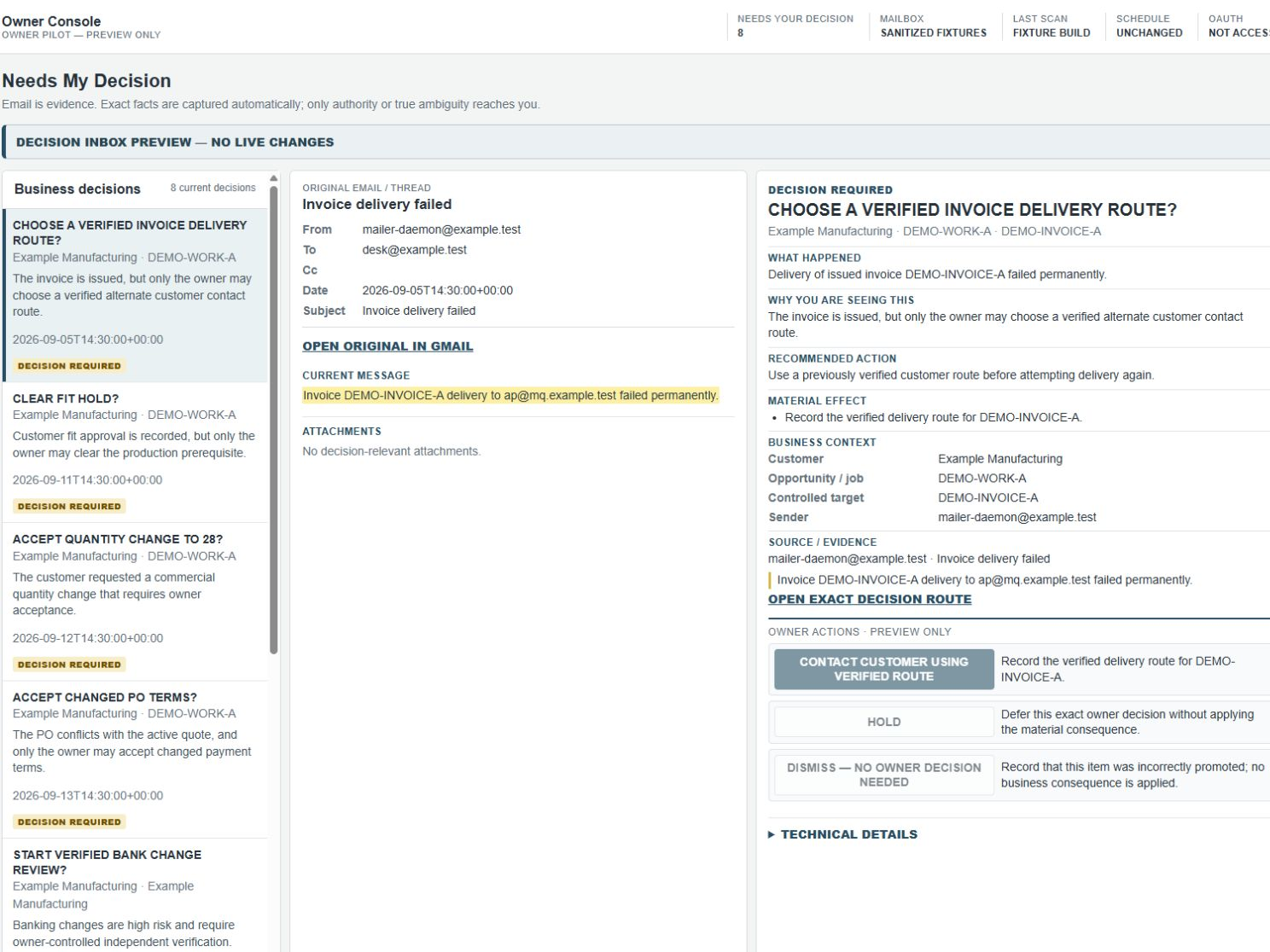Three-column Document Desk decision view with a synthetic invoice-delivery exception list, the original email in the middle, and the owner decision with material effect on the right.