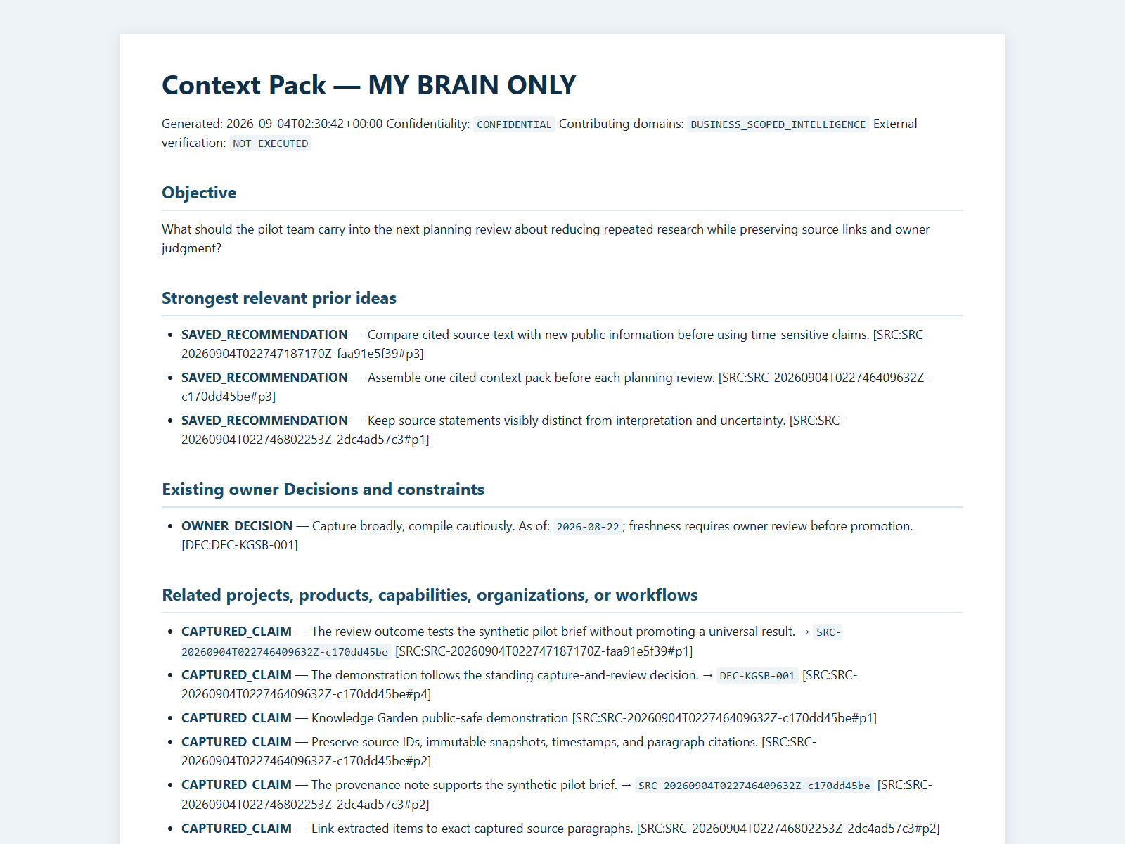 Rendered KG Second Brain context pack with an objective, three saved recommendations, an owner Decision, captured claims, and paragraph citations.