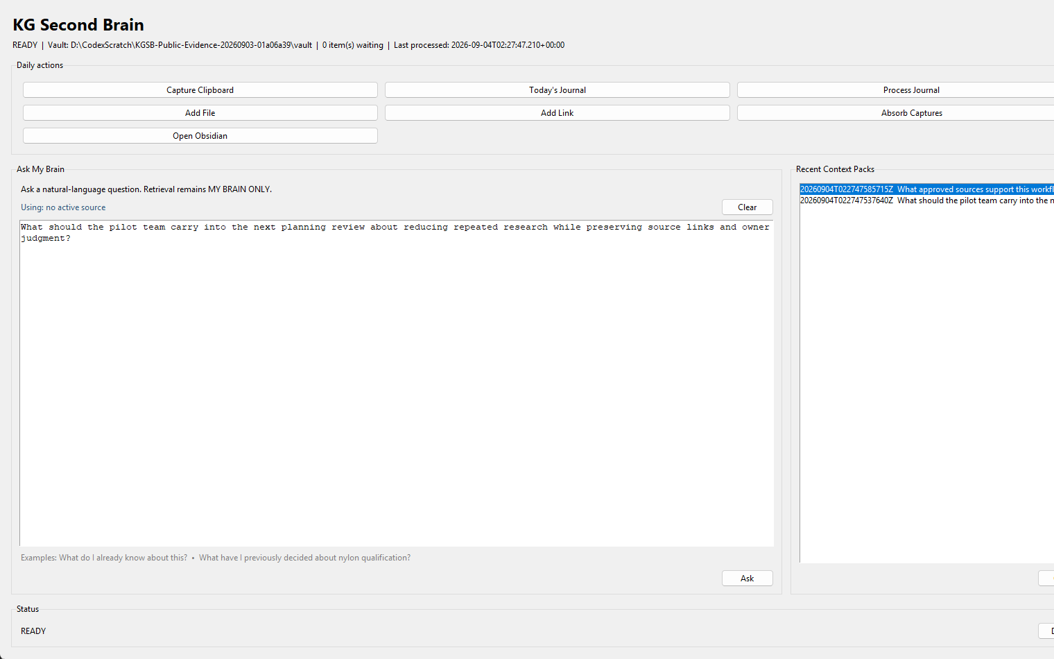 KG Second Brain desktop console with capture actions, a public-safe planning question, and two recent context packs.