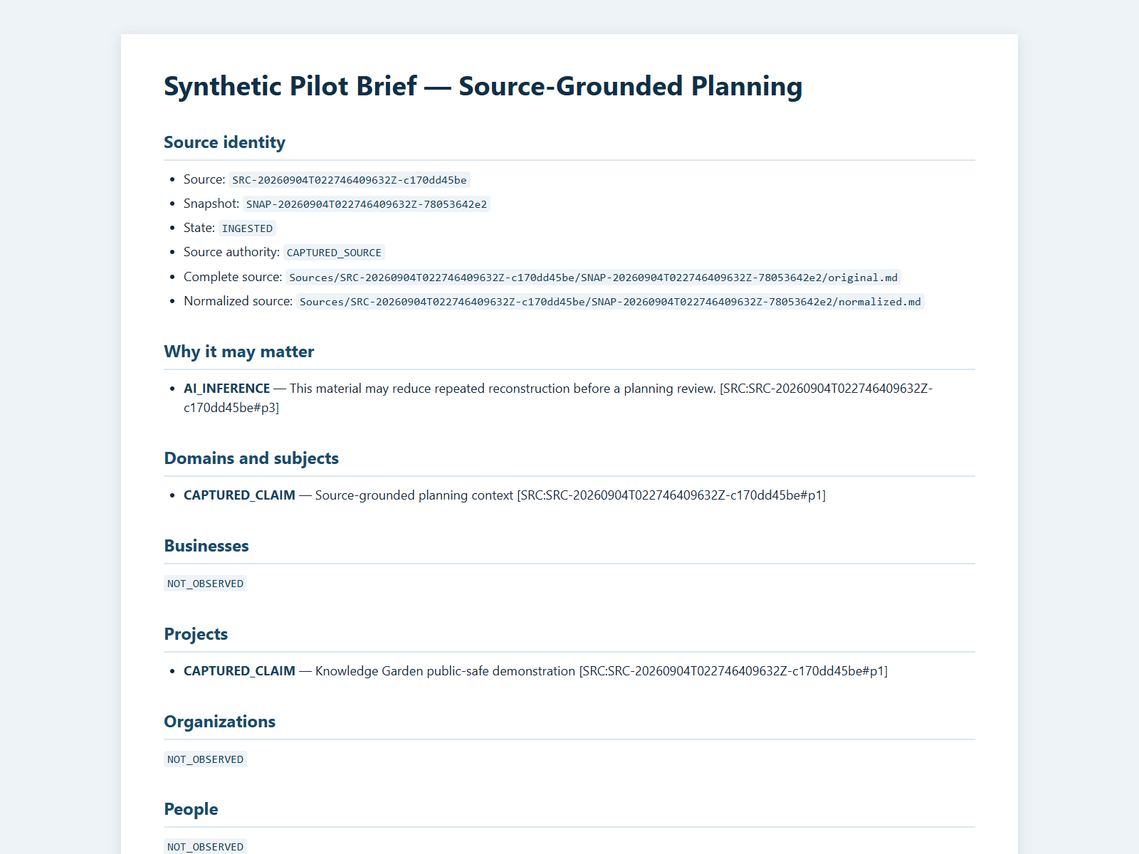 Rendered KG Second Brain source summary showing source ID, snapshot ID, ingested state, source authority, file paths, and cited classifications.