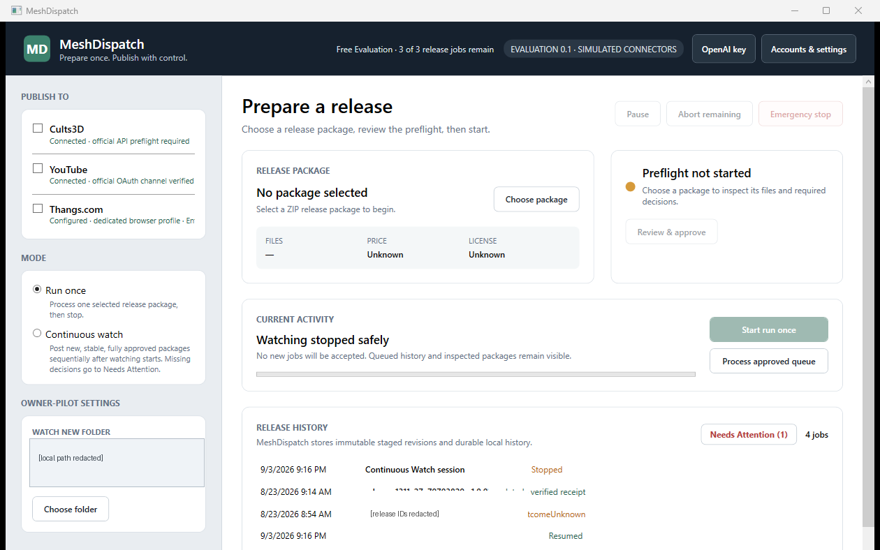 Mesh Dispatch desktop workspace with Cults3D, YouTube, and Thangs destinations, package preflight, stopped watch status, and release history.