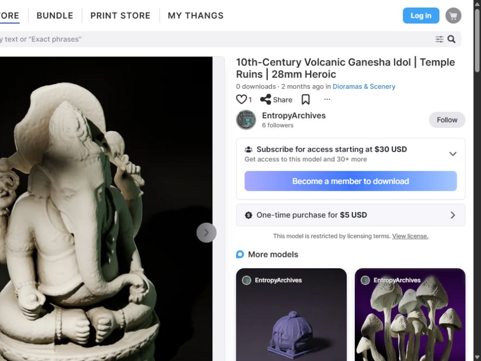 Public Thangs page for a volcanic Ganesha model with gallery images, EntropyArchives identity, subscription access, and a five-dollar purchase option.
