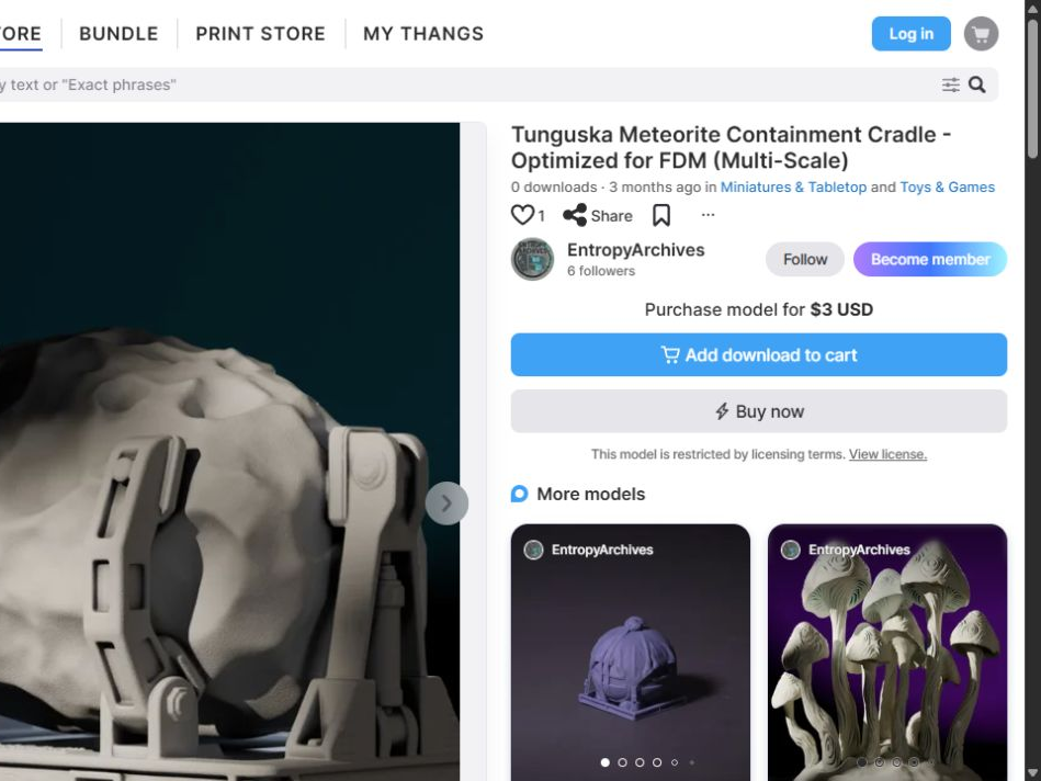 Public Thangs listing for the Tunguska Meteorite Containment Cradle with product images, EntropyArchives seller identity, price, and license notice.