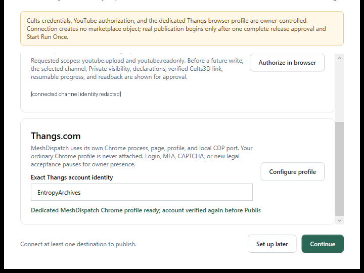 Mesh Dispatch destination settings showing explicit authorization controls and a dedicated Thangs profile tied to the EntropyArchives account.