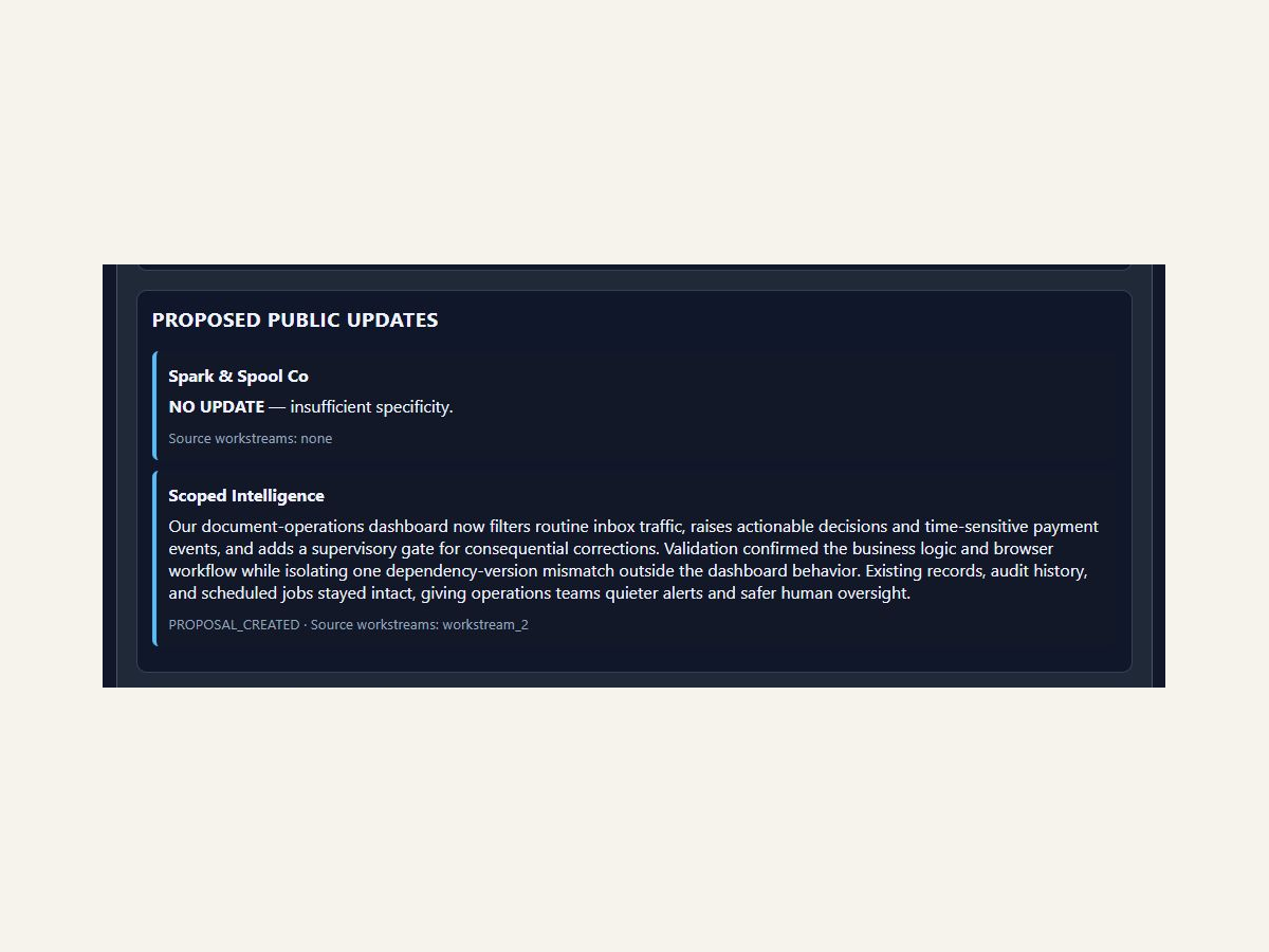 Studio Pulse proposed public updates panel containing the Scoped Intelligence text later reconciled to the public page.