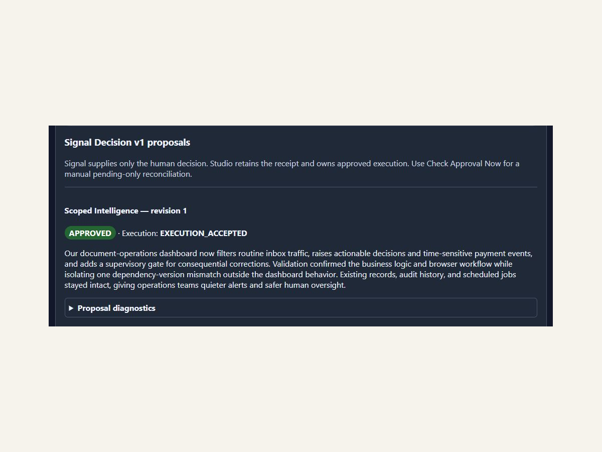 Studio Pulse proposal history showing APPROVED and EXECUTION_ACCEPTED with diagnostics collapsed.