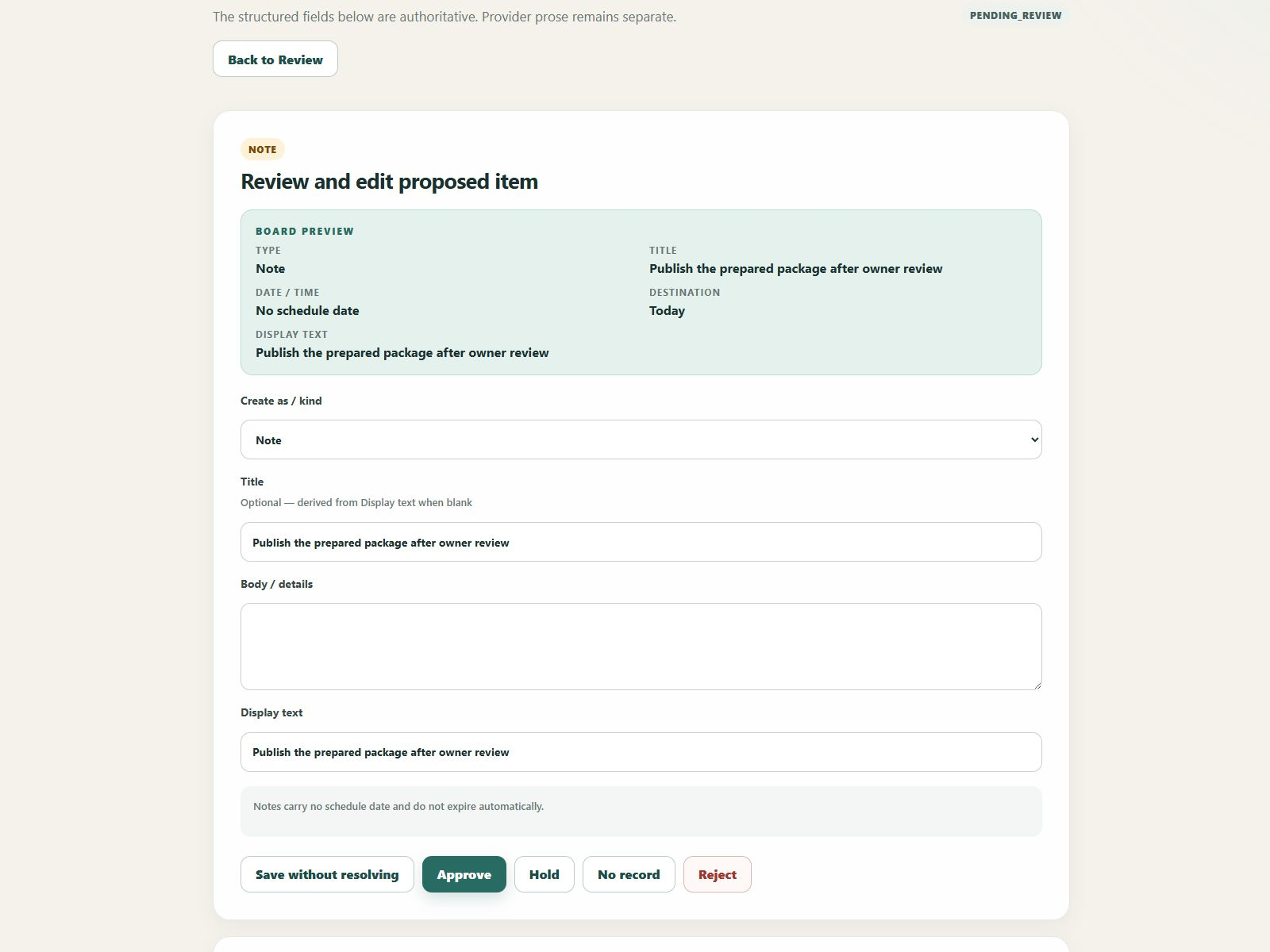 The Lineup Human review form showing a synthetic proposal and Save, Approve, Hold, No record, and Reject buttons.