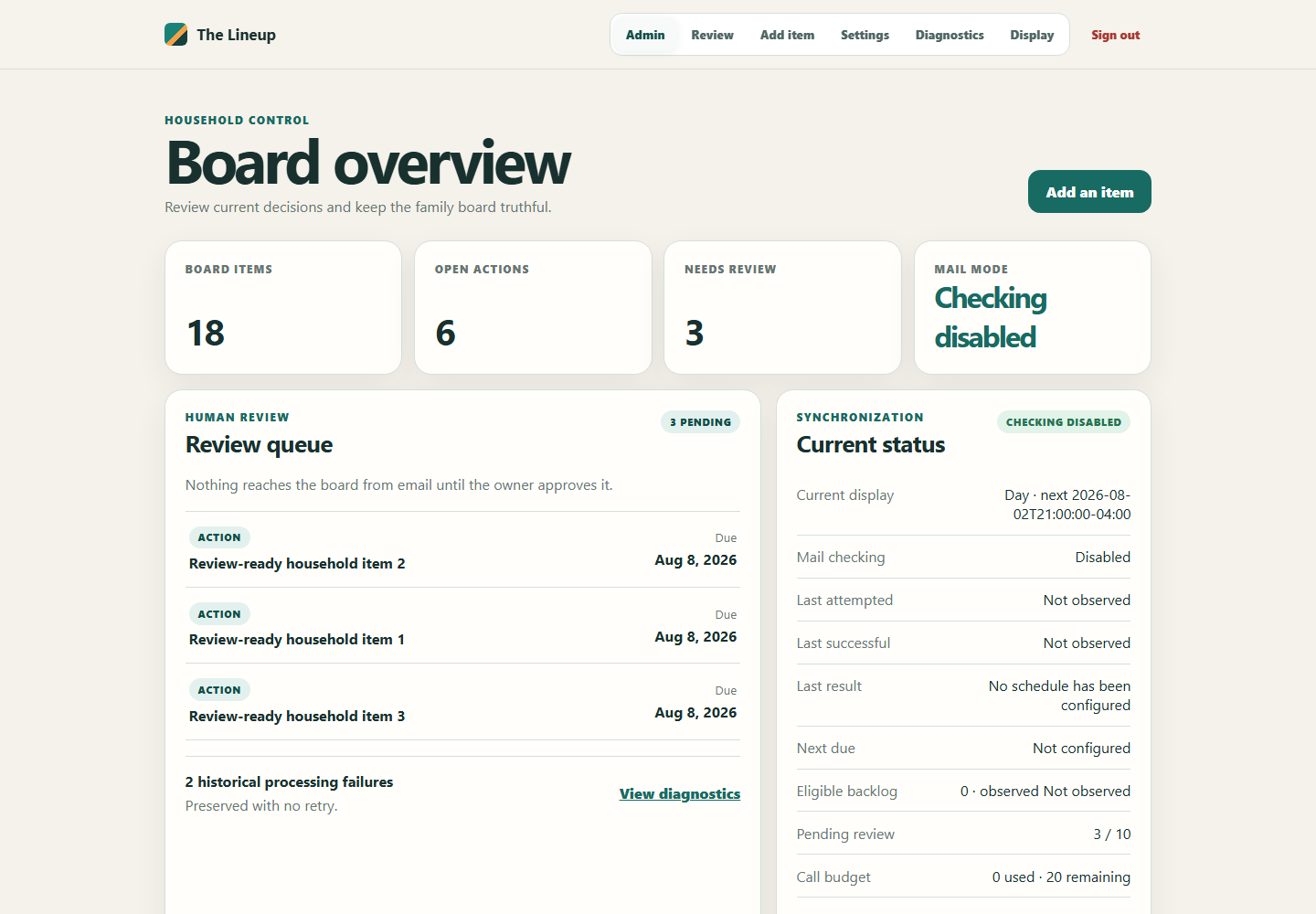 The Lineup interface showing household information prepared for owner review.